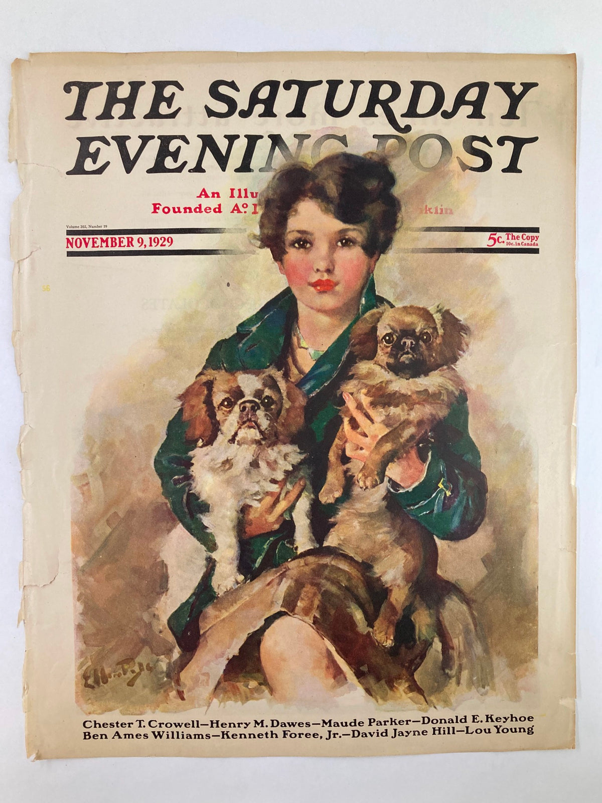 The Saturday Evening Post November 9, 1929 cover featuring a young woman with two dogs. This vintage magazine cover showcases artistic elements and historical significance, ideal for collectors and enthusiasts.