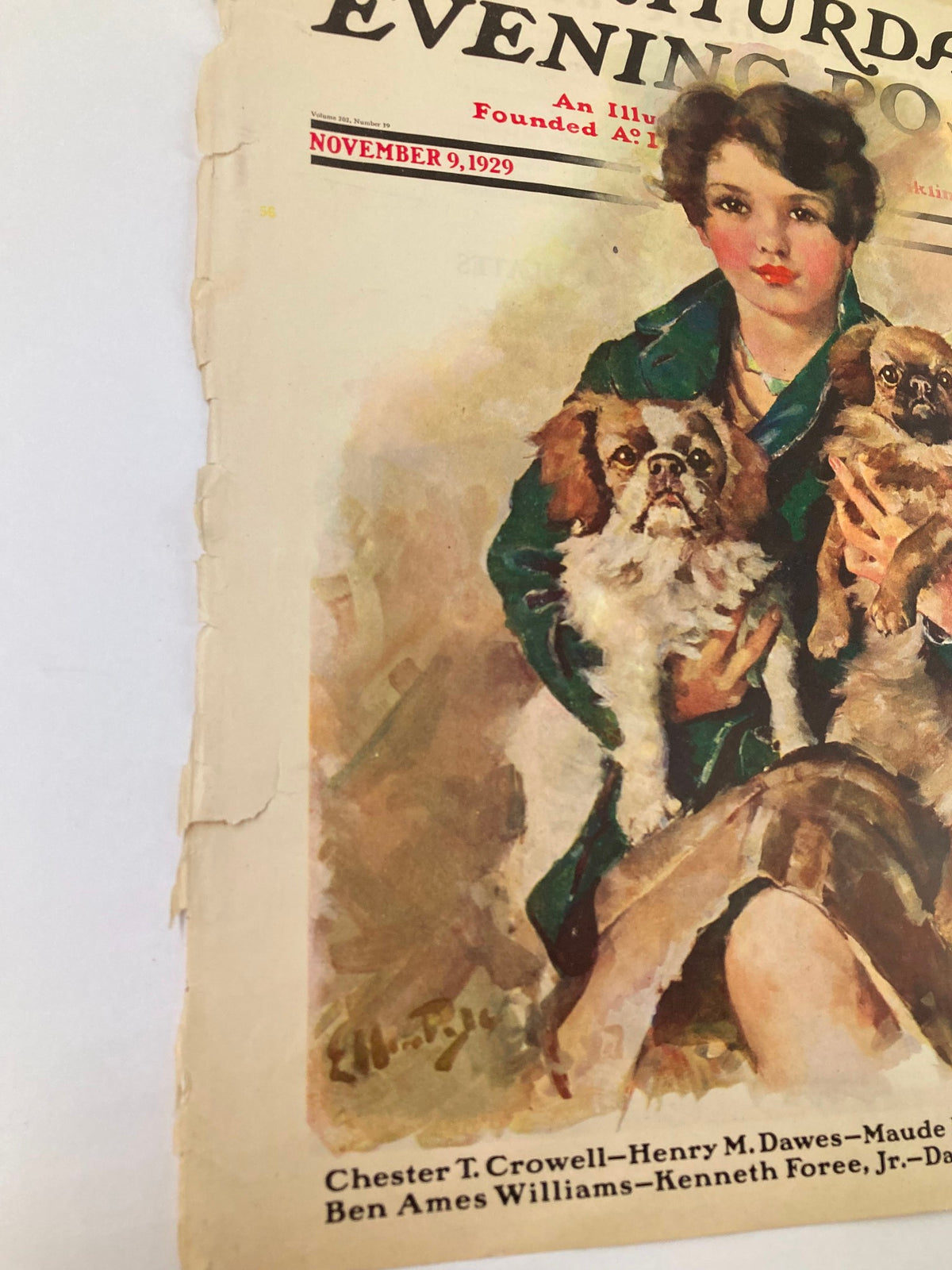 Close-up of The Saturday Evening Post November 9, 1929 cover, highlighting a young woman holding two dogs. The artwork captures the essence of the late 1920s and is perfect for those interested in vintage American magazine art.