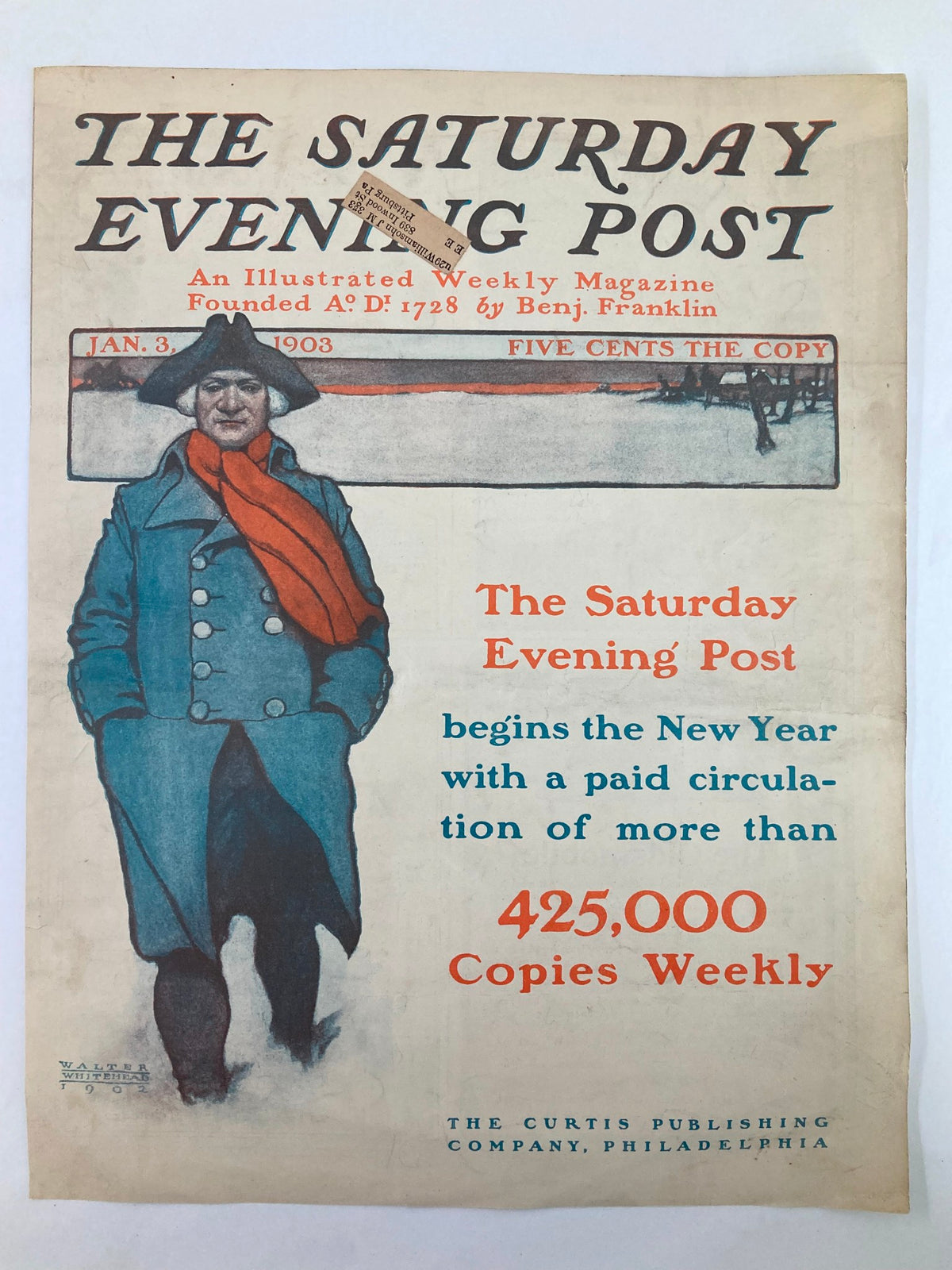 The Saturday Evening Post Cover from January 3, 1903, showcasing a vintage illustration of a man in winter attire, emphasizing the magazine's rich history and notable circulation details.