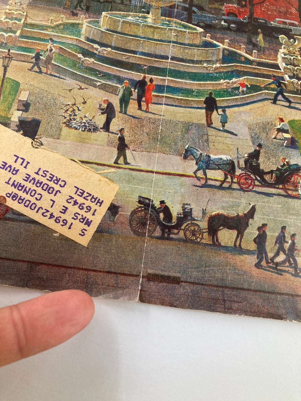Detailed view of the cover of The Saturday Evening Post dated March 19, 1960, showcasing The Democratic Candidates, with a focus on pedestrians, a fountain, and historical elements of the illustration.
