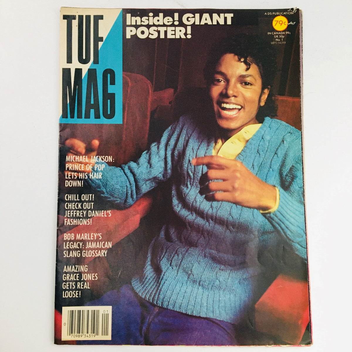 Cover of Tuf Mag Poster Magazine 1984 featuring Michael Jackson smiling, showcasing vibrant 1980s culture. Highlights popular articles including Michael Jackson as the Prince of Pop.