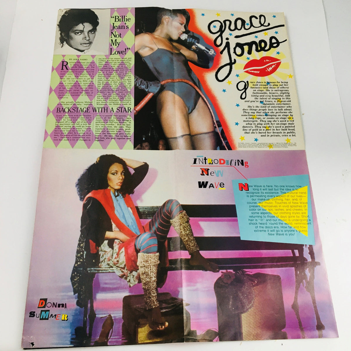 Inside pages of Tuf Mag Poster Magazine 1984 featuring Grace Jones and an article on Michael Jackson, reflecting the dynamic music and fashion scene of the 1980s.