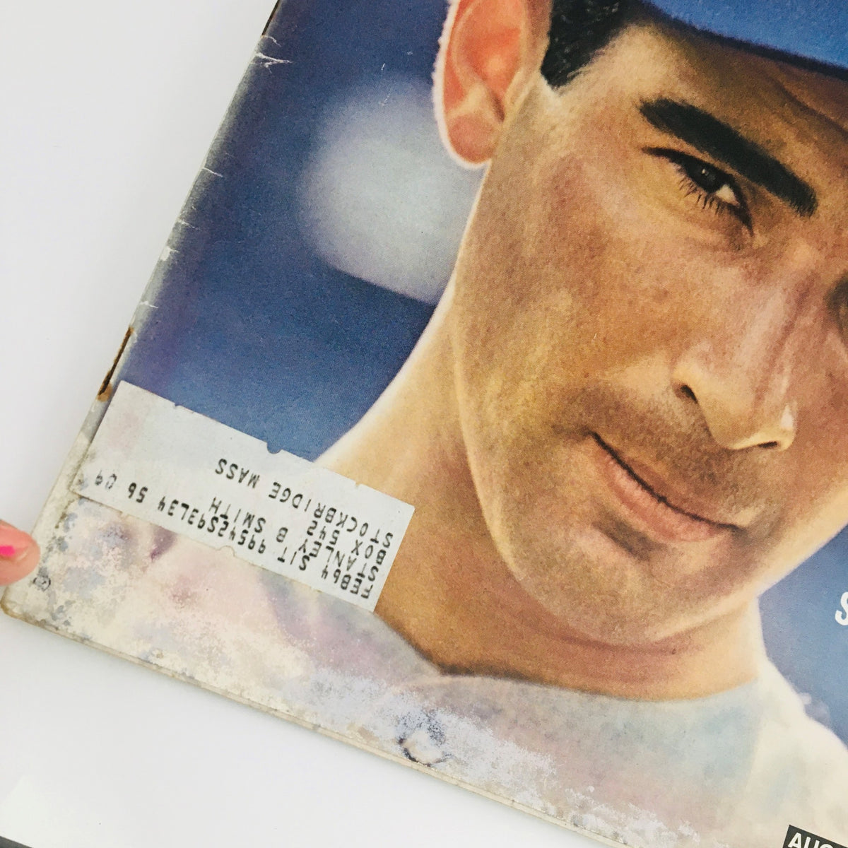 Close-up of the cover of Life Magazine August 2, 1963, displaying the address label and the face of Dodgers' pitcher Sandy Koufax. This edition is significant for its historical baseball content.
