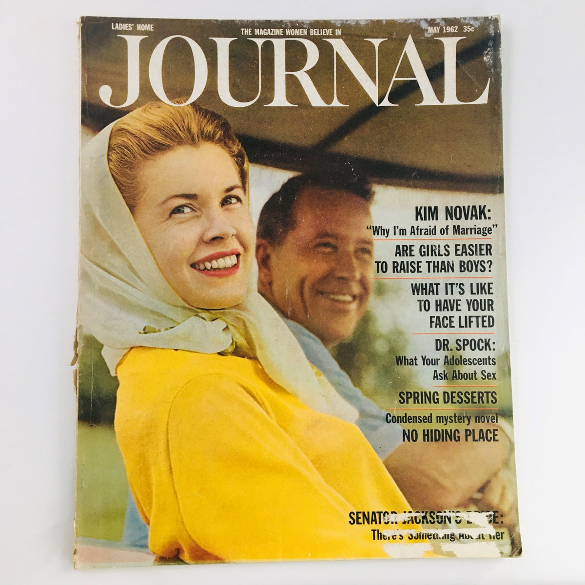 Cover of Ladies' Home Journal Magazine May 1962 featuring a smiling woman in a yellow top and a man in the background, highlighting articles by Henry M. Jackson and Helen Hardin Jackson.