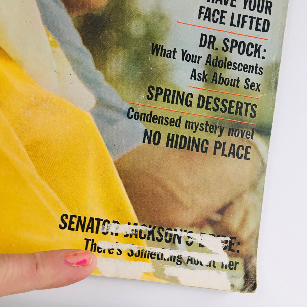 Close-up of the cover page of Ladies' Home Journal Magazine May 1962, emphasizing the text about articles including Dr. Spock and Senator Jackson's Bridge.