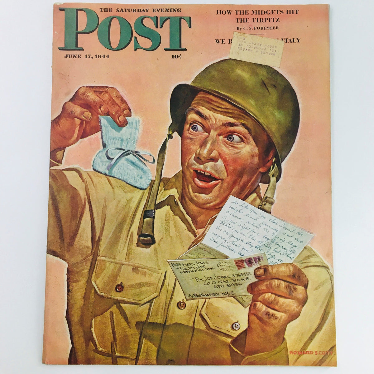 The Saturday Evening Post June 17 1944 Illustration Cover by Howard Scott featuring a soldier with an expressive face, excitedly holding letters and a small package, showcasing vintage art from a classic magazine.