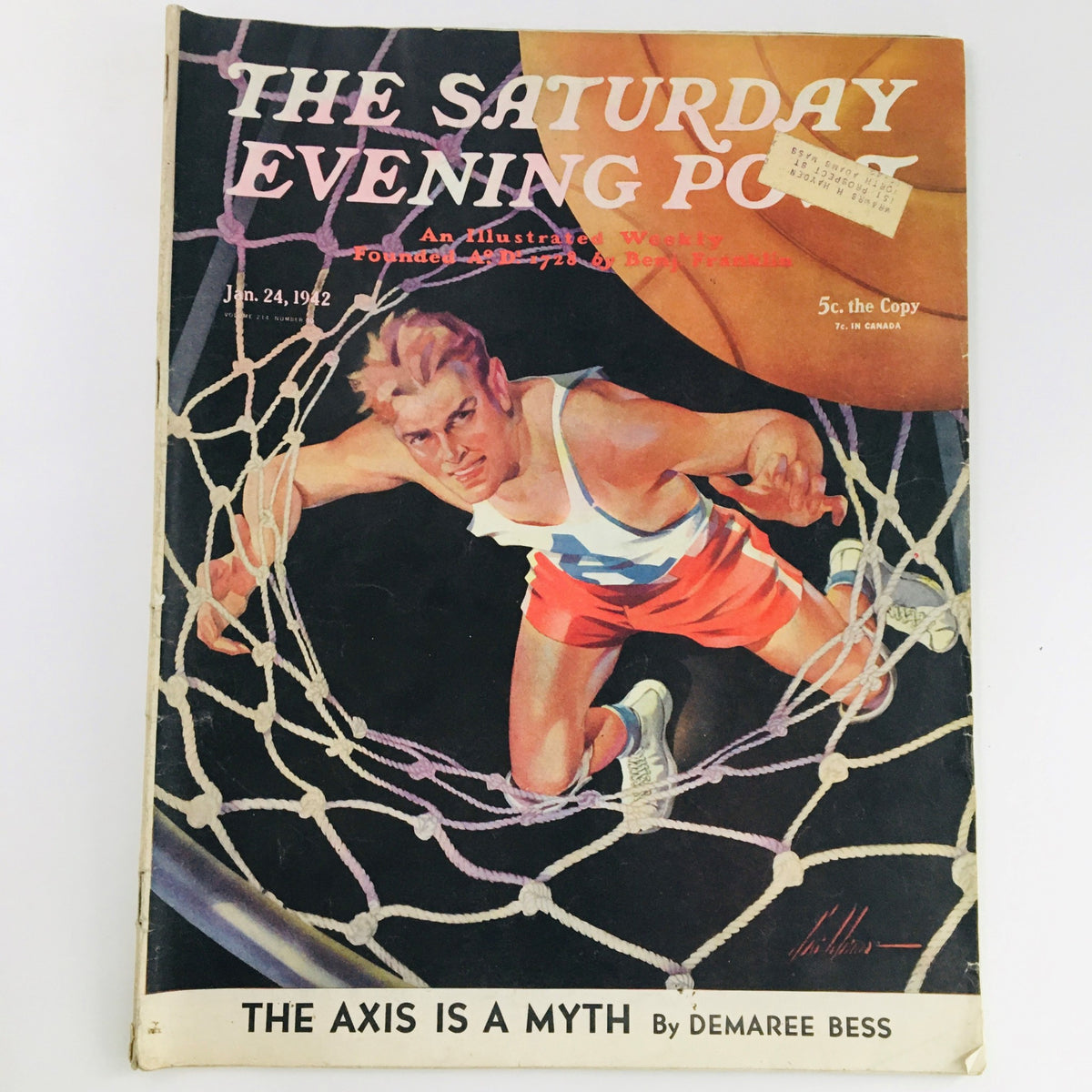 Cover of The Saturday Evening Post from January 24, 1942, featuring the article 'The Axis Is A Myth' by Demaree Bess, with a dynamic illustration of a young athlete in action.