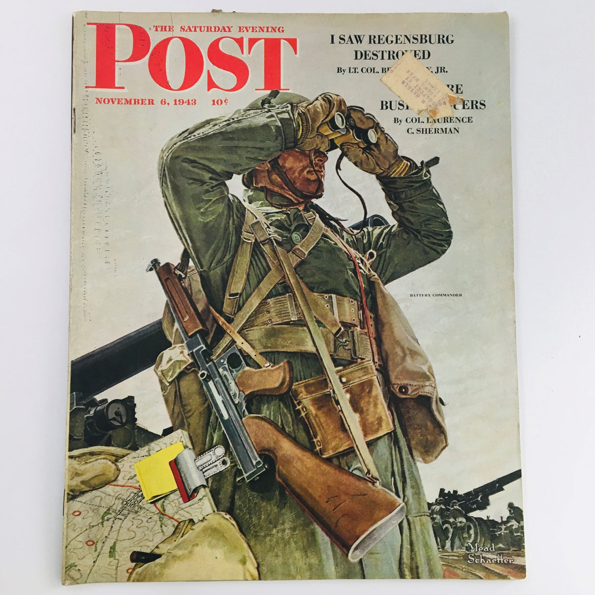 Cover of The Saturday Evening Post from November 6, 1943, featuring an illustration by Mead Schaeffer depicting a soldier looking through binoculars, reflecting wartime themes. The magazine shows signs of wear and includes an address label.