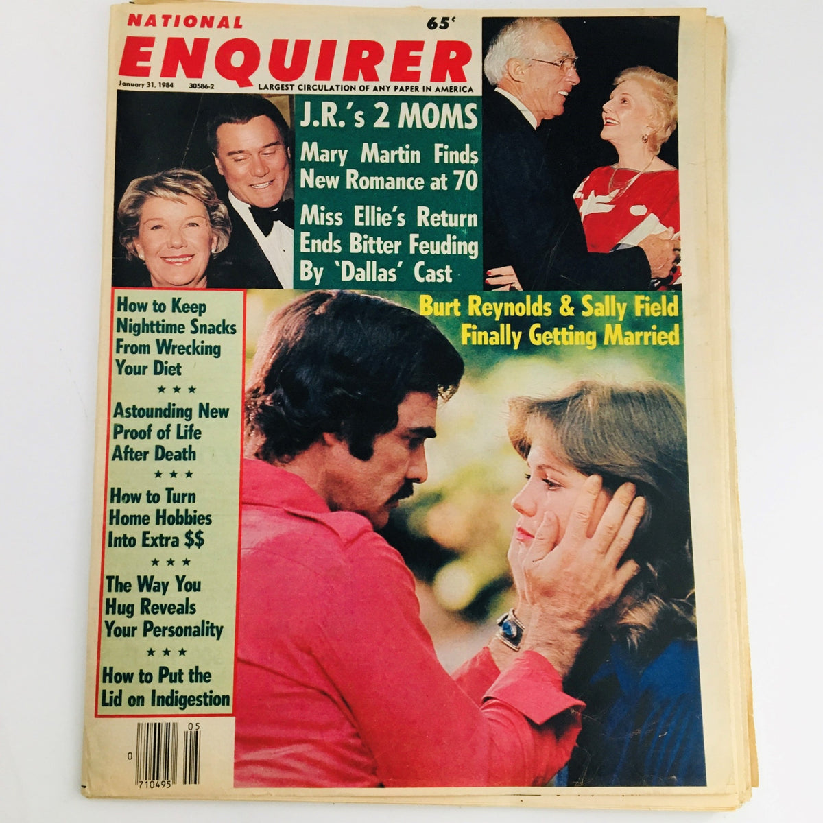 Cover of National Enquirer Magazine from January 31, 1984, featuring Burt Reynolds and Sally Field under the headline 'Burt Reynolds & Sally Field Finally Getting Married.' The magazine highlights various celebrity news and has an eye-catching design reflective of the 1980s era.