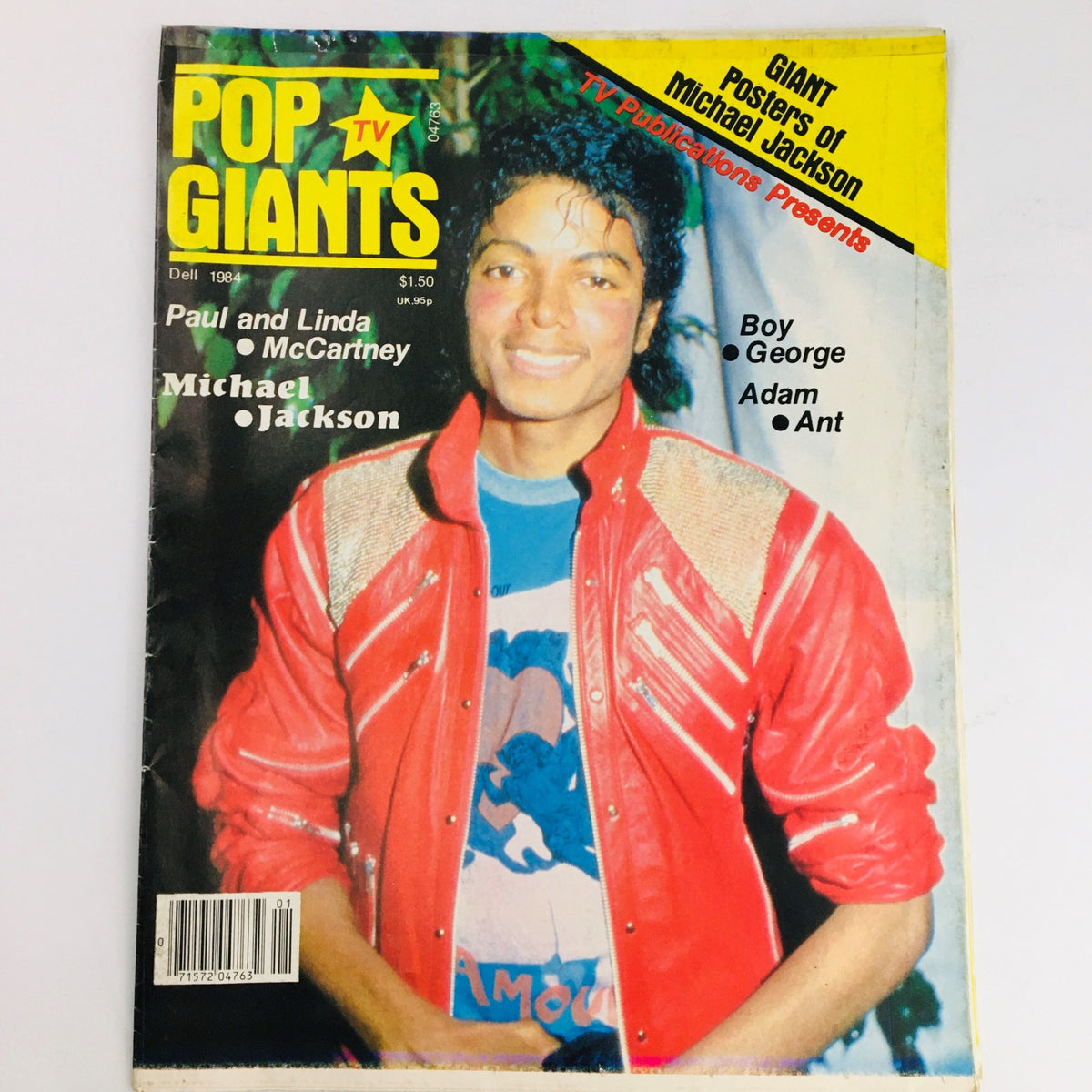 Pop TV Giants Poster Magazine 1984 featuring Michael Jackson on the cover, showcasing his iconic red jacket and promoting exclusive posters.