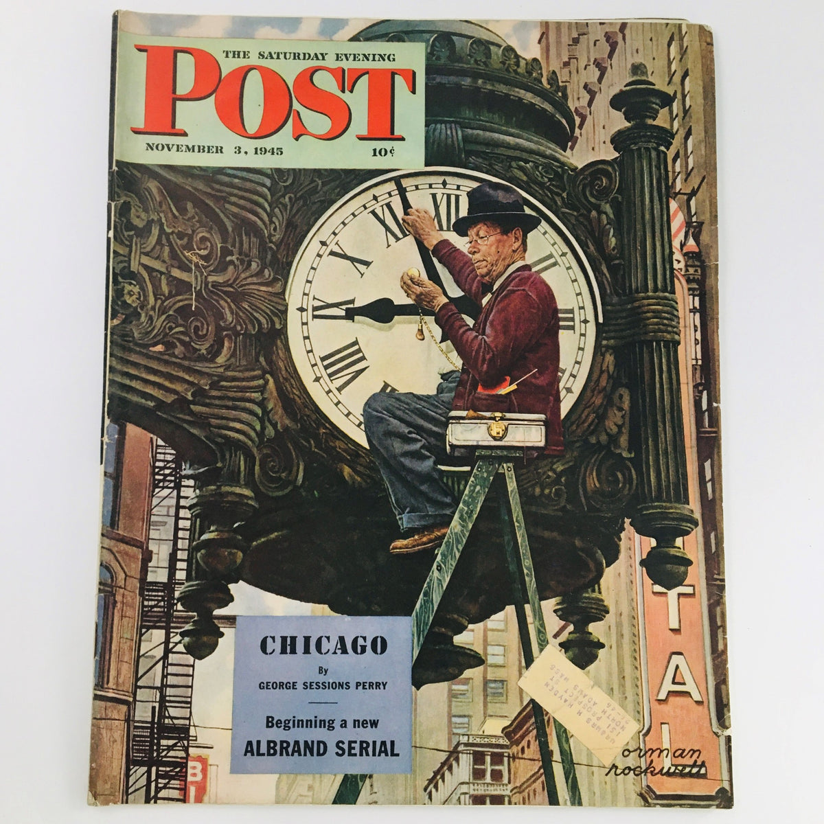 The Saturday Evening Post November 3 1945 illustration cover by Norman Rockwell, featuring a man adjusting a large clock in a city setting, showcasing post-World War II Americana.