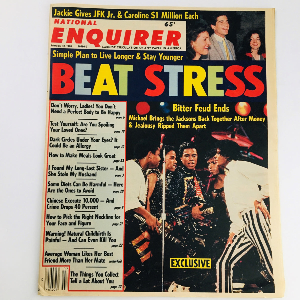 National Enquirer Magazine February 12 1985 cover featuring Michael Jackson and The Jacksons, highlighting celebrity stories with bold headlines such as 'Beat Stress' and 'Bitter Feud Ends'.