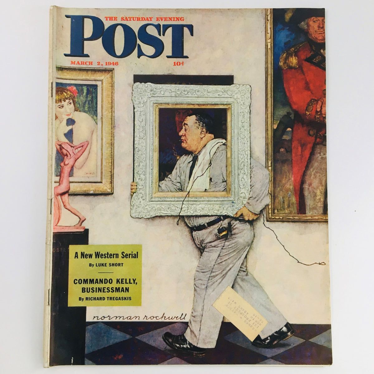 Cover of The Saturday Evening Post from March 2, 1946, featuring the artwork 'Commando Kelly Businessman' by Richard T. The image depicts a man carrying a frame while surrounded by portraits, capturing the vintage aesthetic of mid-20th century America.