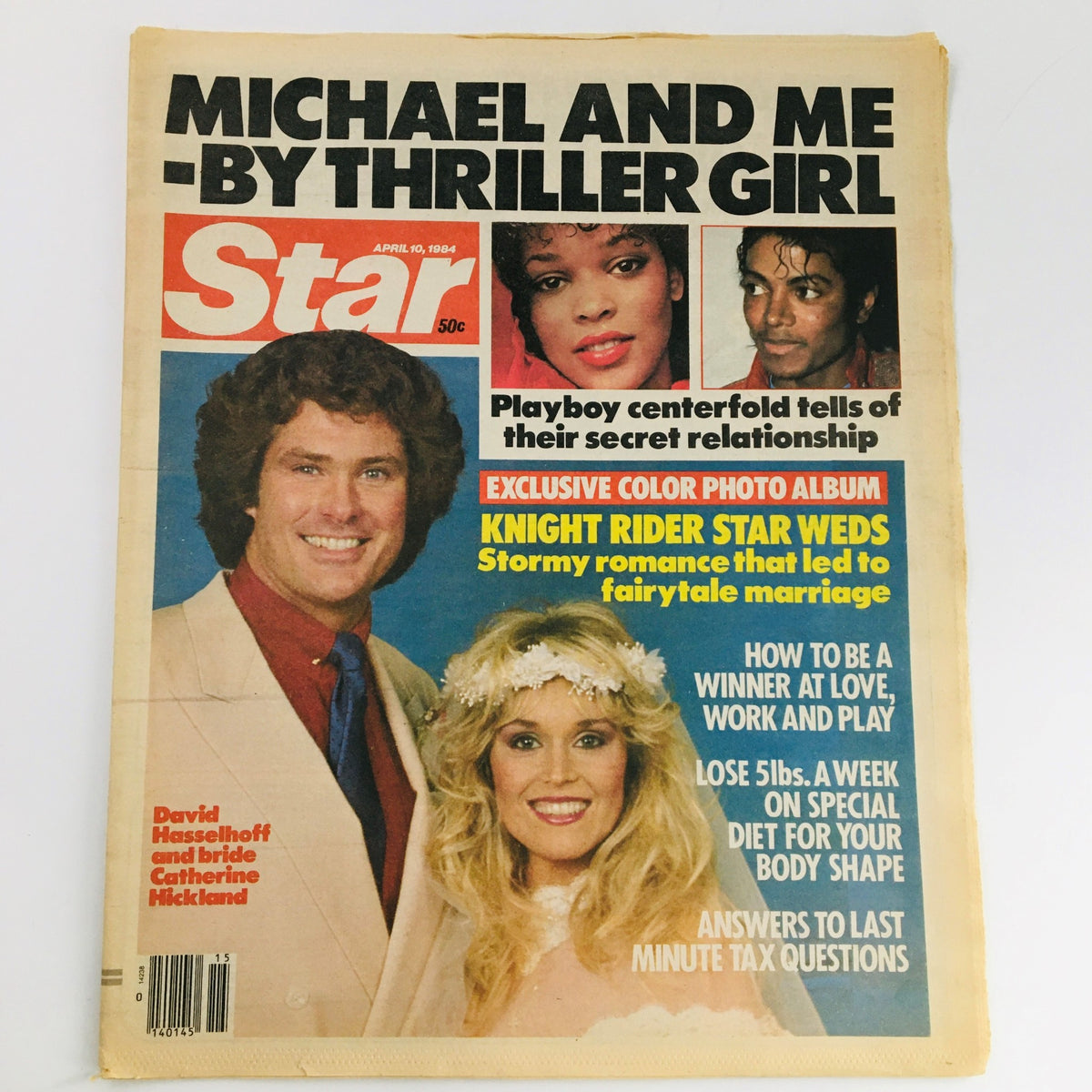 Star Newspaper from April 10, 1984, featuring David Hasselhoff and his bride Catherine Hickland on the cover, along with a story about Michael Jackson. The magazine highlights themes of celebrity culture and relationships.
