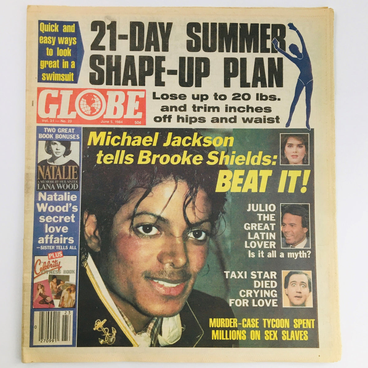 Cover of Globe Newspaper Volume 31 Issue 23 from June 5, 1984, featuring Michael Jackson and Brooke Shields, promoting a 21-day summer shape-up plan.