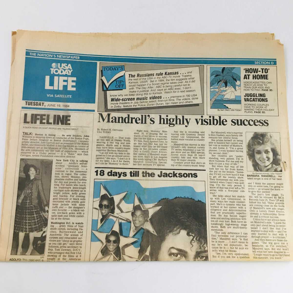 The Nation's Newspaper USA Today Life June 19 1984 featuring Barbara Mandrell and The Jacksons, showcasing an article titled 'Mandrell's highly visible success' alongside a countdown to a Jacksons event.