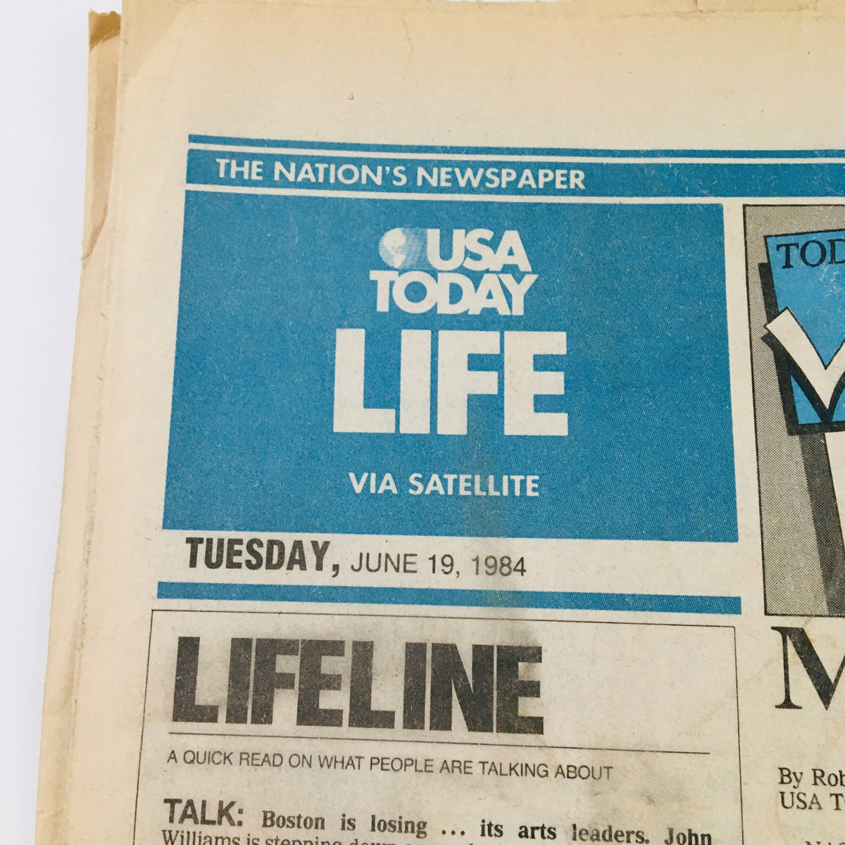 The Nation's Newspaper USA Today Life June 19 1984 cover page displaying the title and date, highlighting the focus on pop culture and entertainment of the era.
