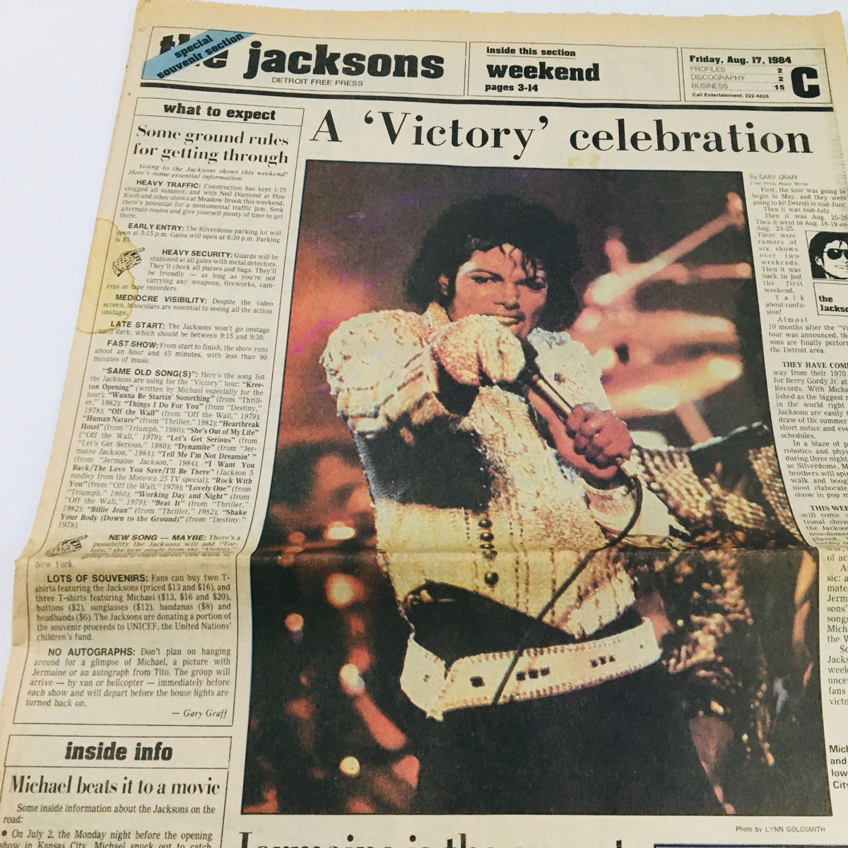 Detroit Free Press August 17 1984 The Jacksons & Jermaine Jackson Victory featuring Michael Jackson in a glamorous stage outfit during a live performance, emphasizing the excitement of the 'Victory' tour celebration.