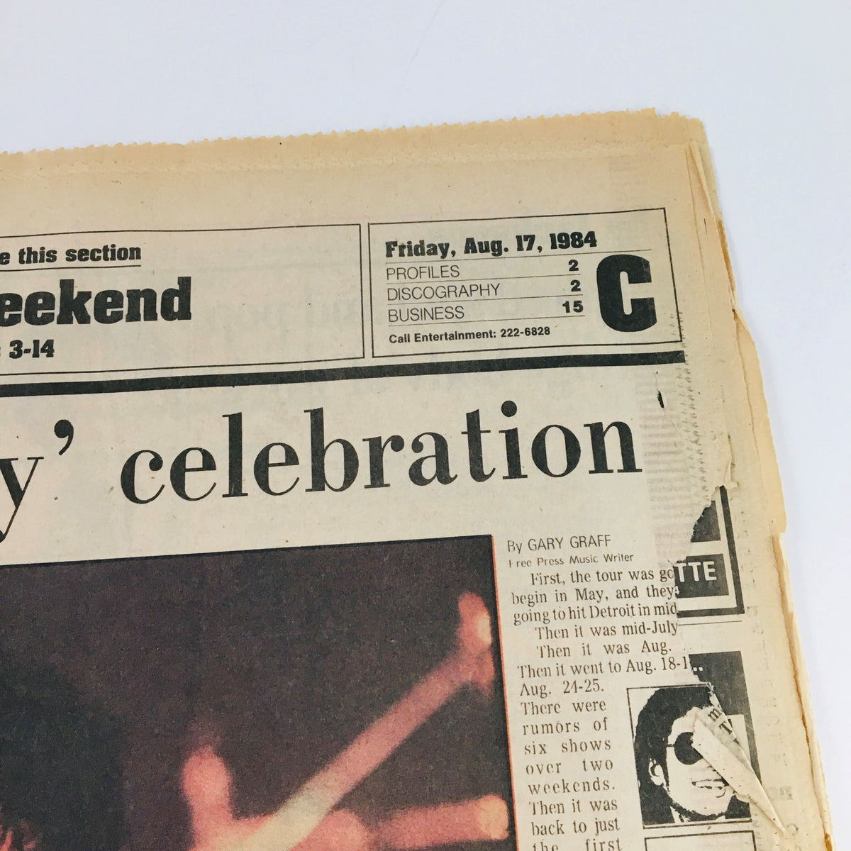 Close-up of the Detroit Free Press August 17, 1984 issue showcasing The Jacksons & Michael Jackson Celebration. Features the headline 'A 'Victory' celebration' along with an article by Gary Graff.