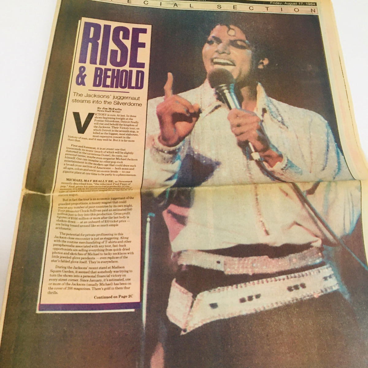 The Detroit News Newspaper August 17 1984 highlighting The Jacksons at the Silverdome, with a vibrant photo of the entertainer passionately engaging the audience.