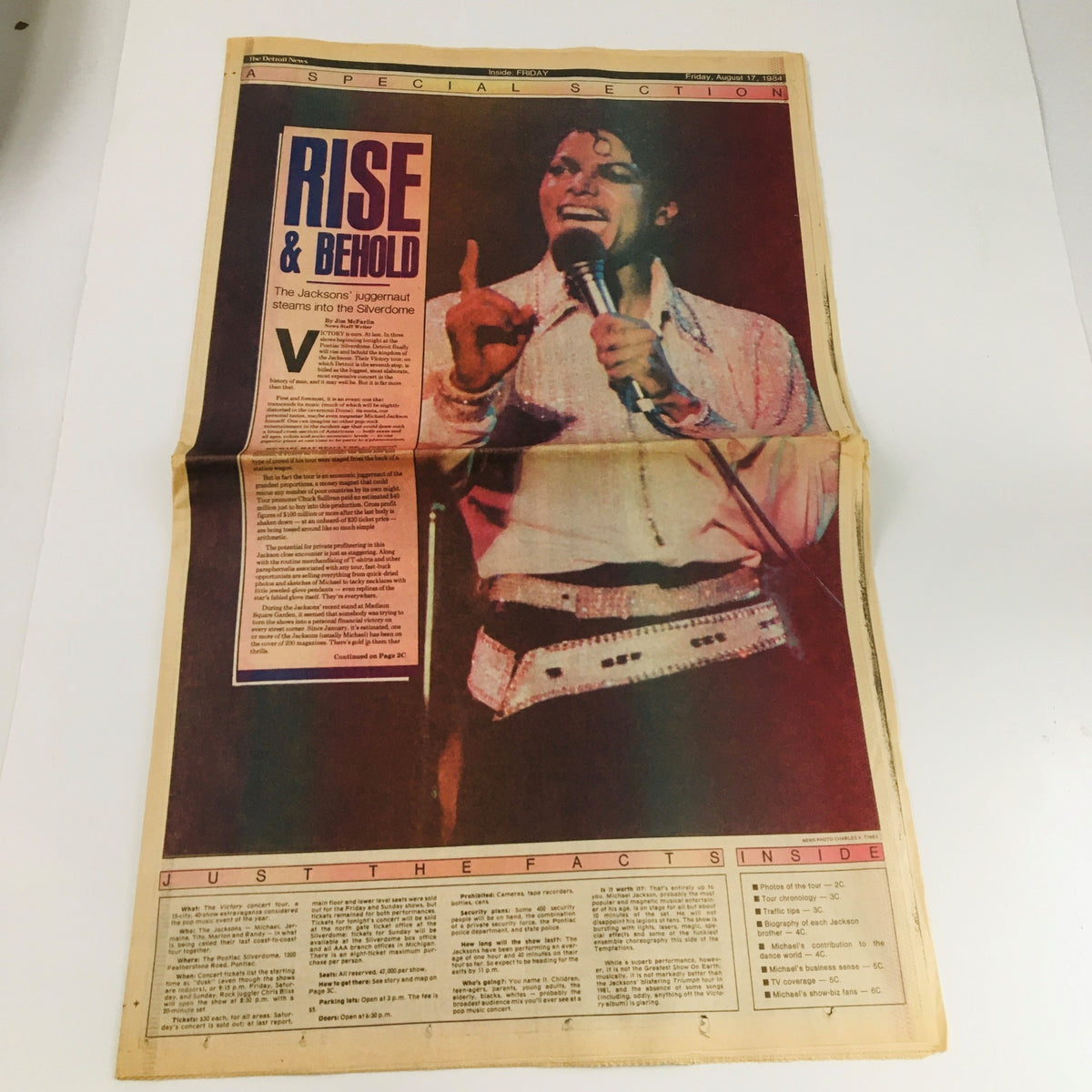 The Detroit News newspaper from August 17, 1984, featuring The Jacksons with the headline 'Rise & Behold' highlighting their concert performance at Silverdome.