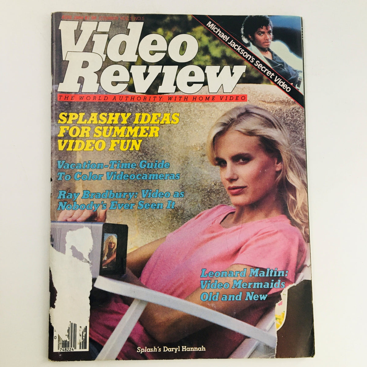 Cover of Video Review Magazine August 1984 featuring Splash's Daryl Hannah, showcasing summer video ideas and highlights including Michael Jackson.