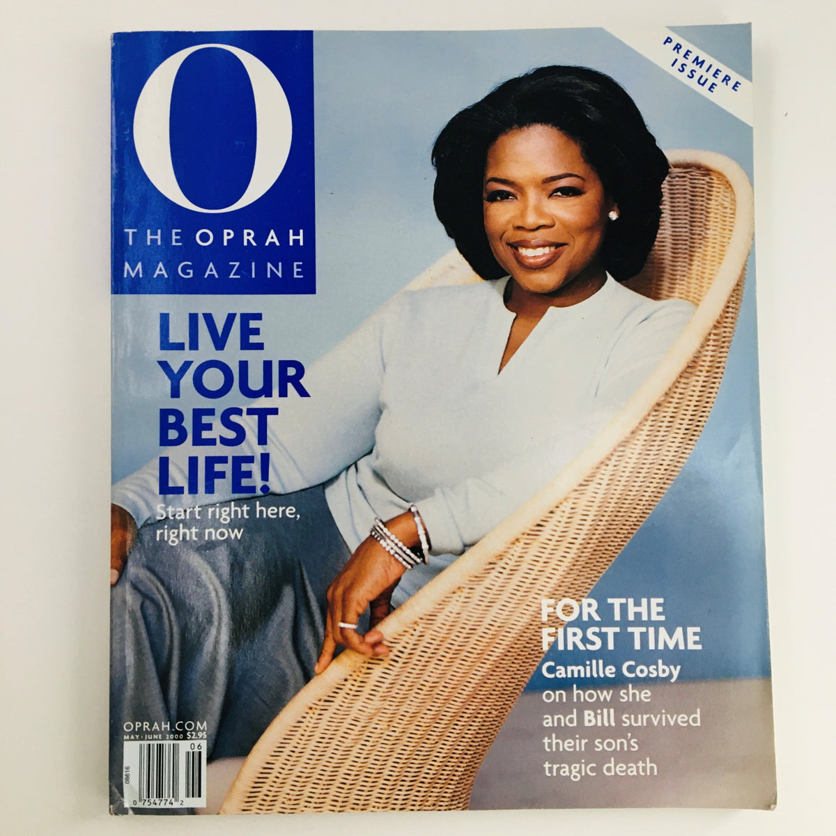 The Oprah Magazine May-June 2000, Premiere Issue #1 featuring Oprah Winfrey on the cover, promoting a message of empowerment with the tagline 'Live Your Best Life'. This vintage magazine captures a significant moment in media history.