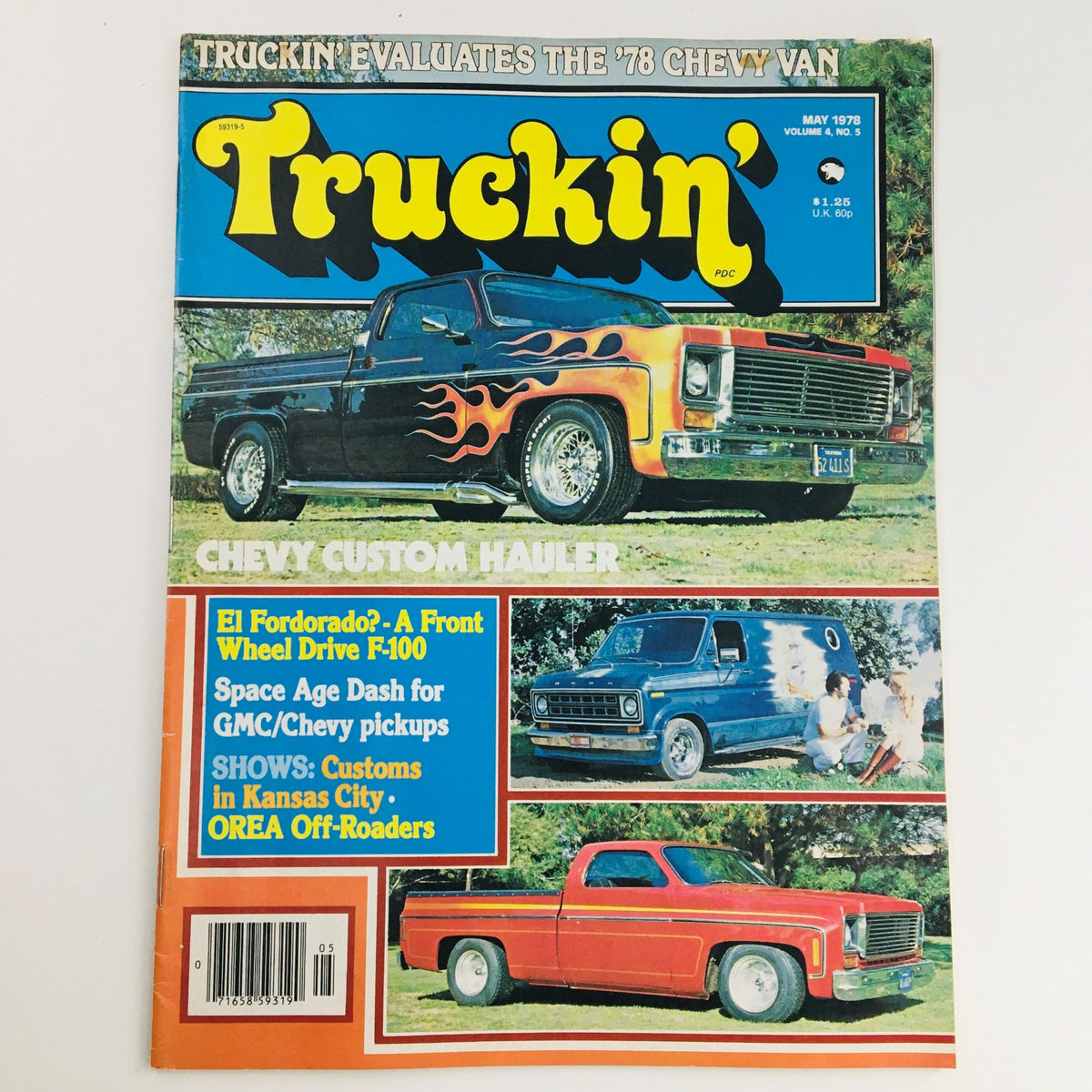 Cover of Truckin' Magazine May 1978 Vol 4 #5 featuring a Chevy Custom Hauler and El Fordado F-100 with colorful graphics and vintage designs.