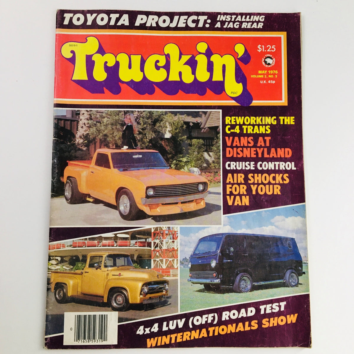 Truckin' Magazine May 1976 Vol 2 #5 featuring a bright orange truck on the cover, discussing Reworking The C-4 Trans and Vans at Disneyland.