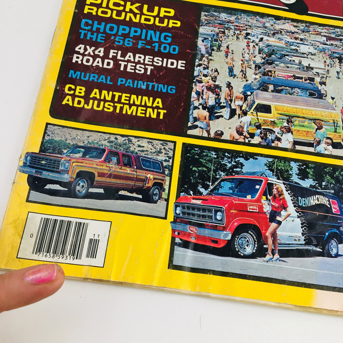 Close-up of Truckin' Magazine November 1976 cover, showcasing details about '56 Ford-100 modifications and colorful truck designs.