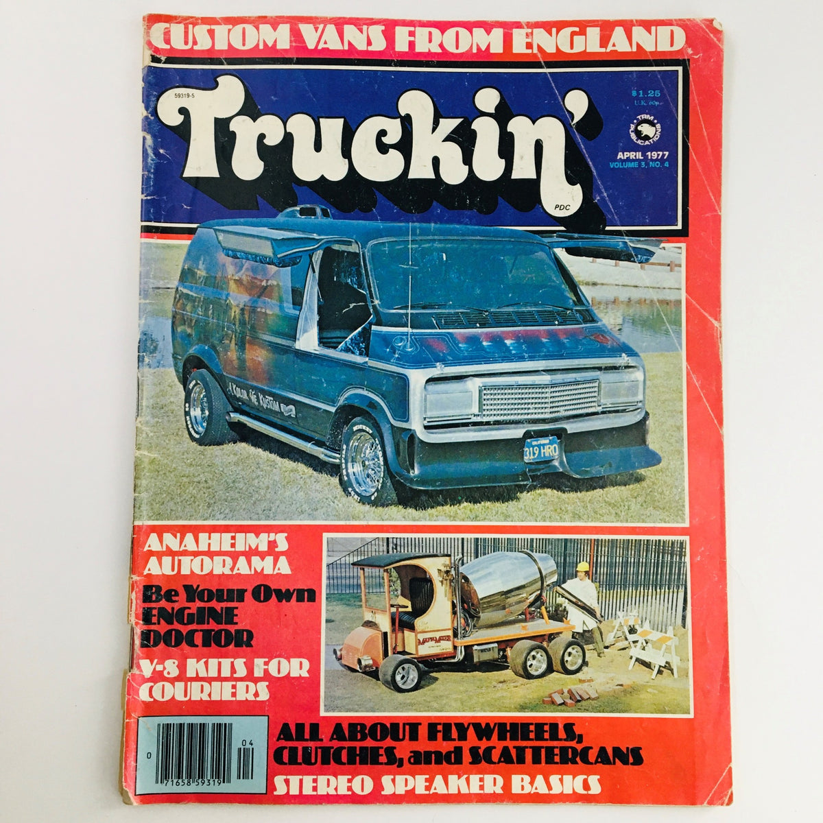 Cover of Truckin' Magazine April 1977 Vol 3 #4, featuring a customized van and details about Anaheim's Autorama, V-8 kits for couriers, and automotive customization.