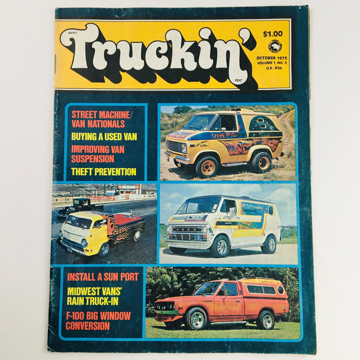 Truckin' Magazine October 1975 Vol 1 #5 featuring Street Machine Van Nationals, with colorful images of custom vans and articles about improving van suspension and theft prevention.
