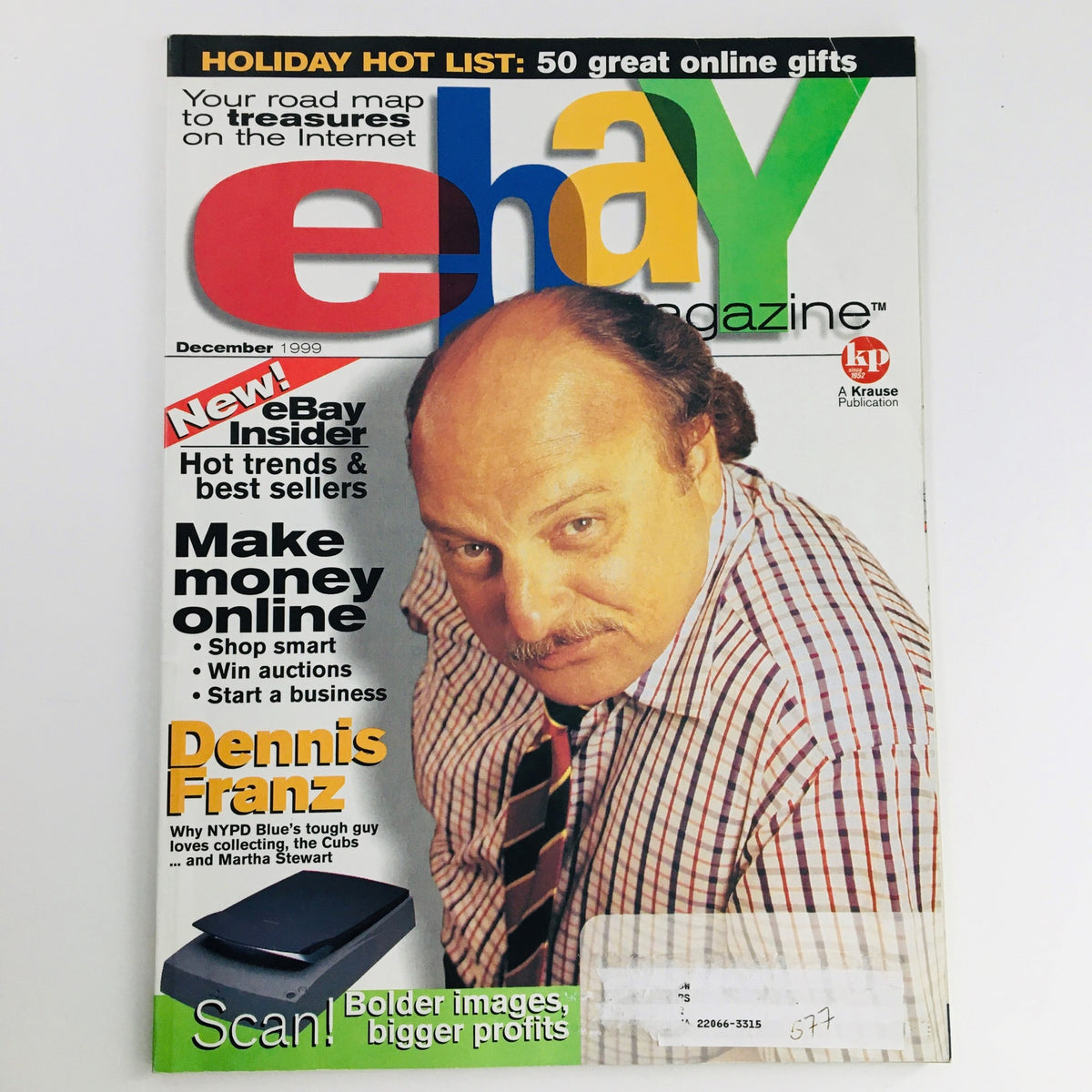 Cover of eBay Magazine December 1999 featuring Dennis Franz, showcasing articles about making money online and a holiday gift list. The magazine highlights cultural icons and online commerce trends of the late 90s.