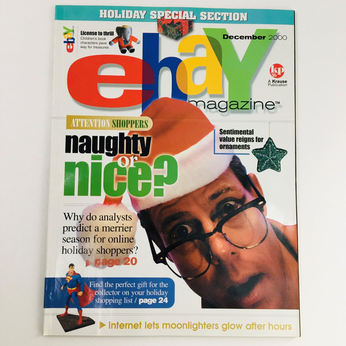 eBay Magazine December 2000 featuring the cover title 'Internet Lets Moonlighters Glow After Hours', showcasing a festive design with a Santa hat and playful elements, ideal for collectors interested in vintage publications and early internet culture.