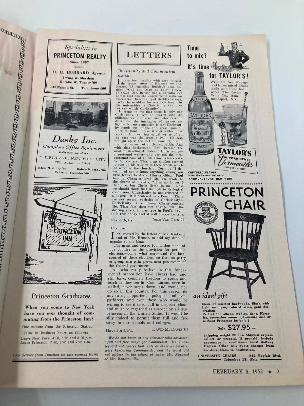 Interior page of VTG Princeton Alumni Weekly February 8, 1952, showing letters section with discussions about Christianity and Communism along with advertisements.