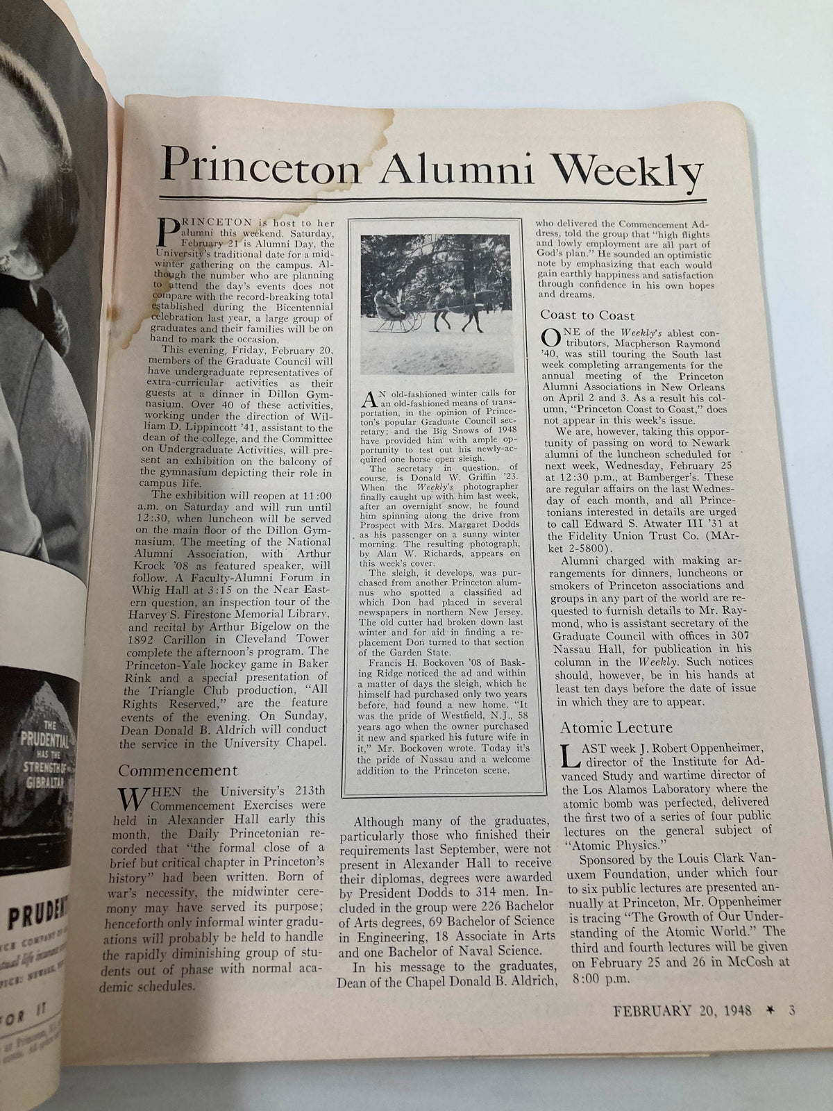 Another inside page of VTG Princeton Alumni Weekly February 20, 1948, highlighting articles related to alumni activities and winter traditions at Princeton, with historical context visible.