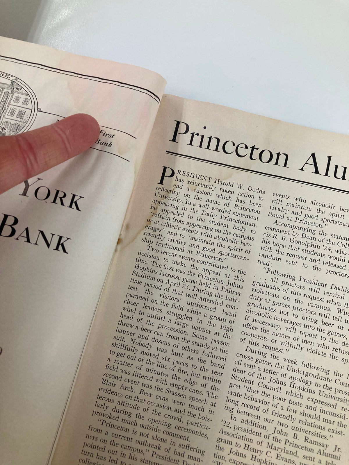 Inside page of VTG Princeton Alumni Weekly May 14 1948 featuring an article about Princeton University's athletic events and a reflection from President Harold W. Dodds.