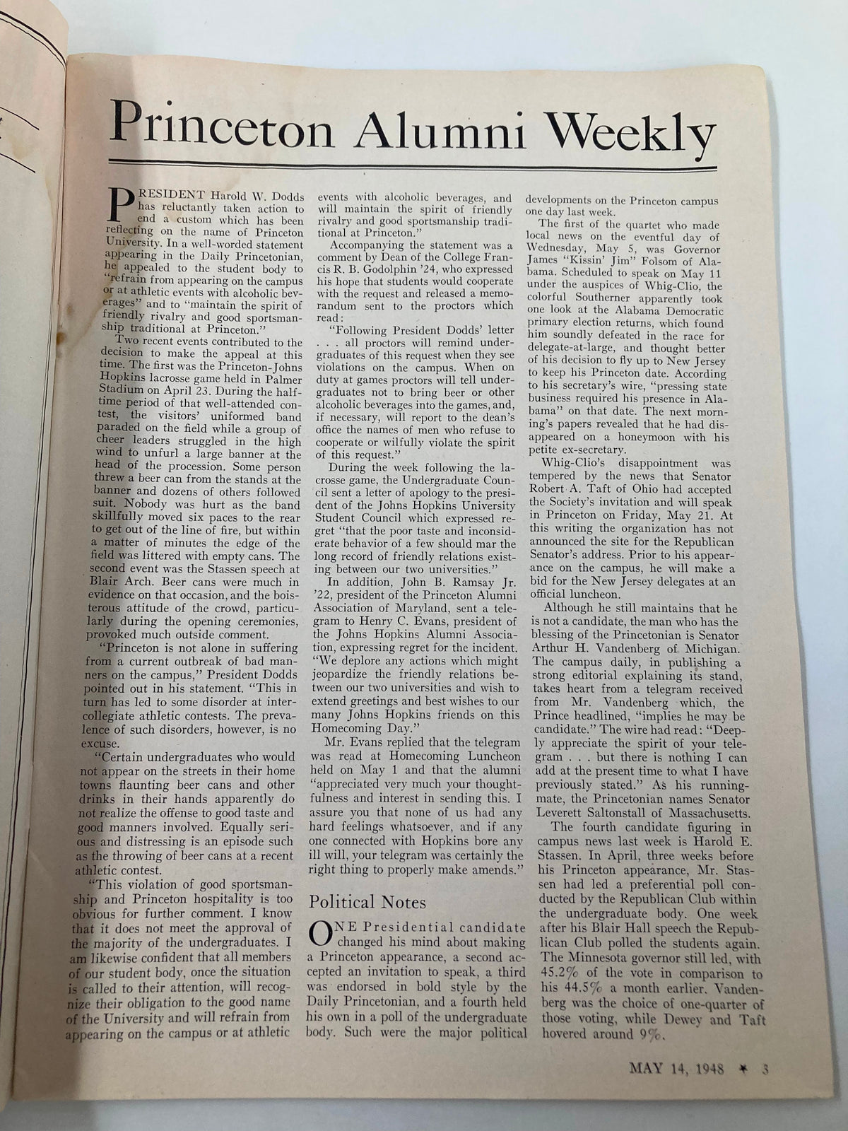 Page from VTG Princeton Alumni Weekly May 14 1948 displaying text discussing athletic events at Princeton and political notes related to university governance.