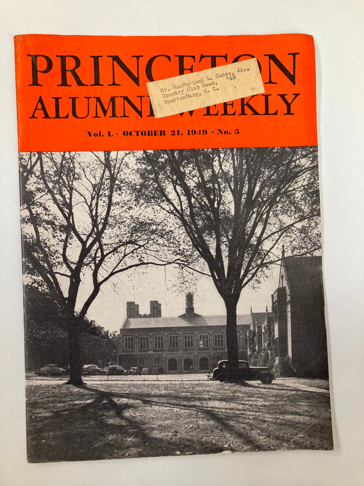 Cover of VTG Princeton Alumni Weekly dated October 21, 1949, featuring a photograph of campus buildings and trees with a visible label on the cover.