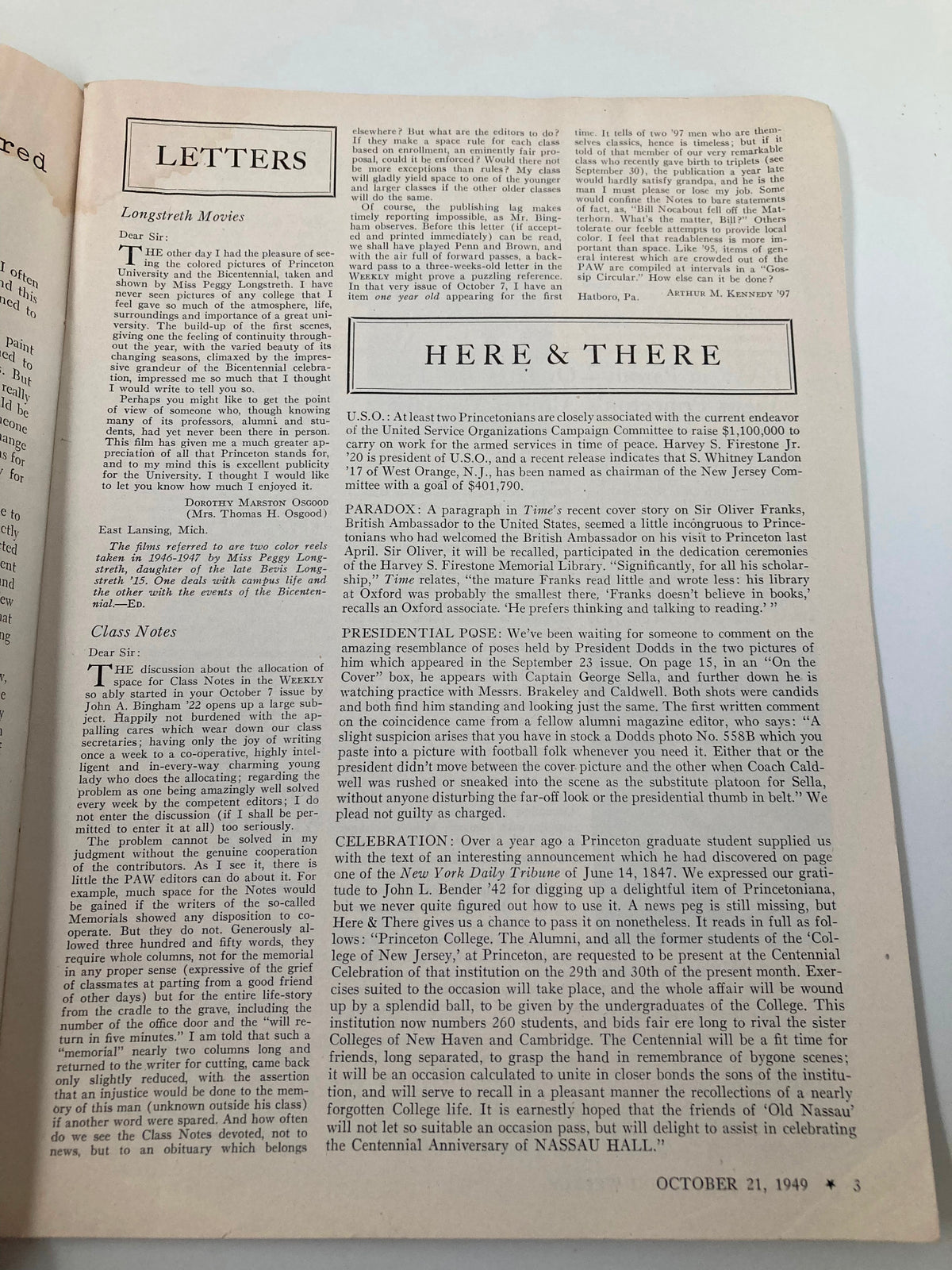 Inside page of VTG Princeton Alumni Weekly from October 21, 1949, displaying the 'Letters' section with handwritten correspondence.