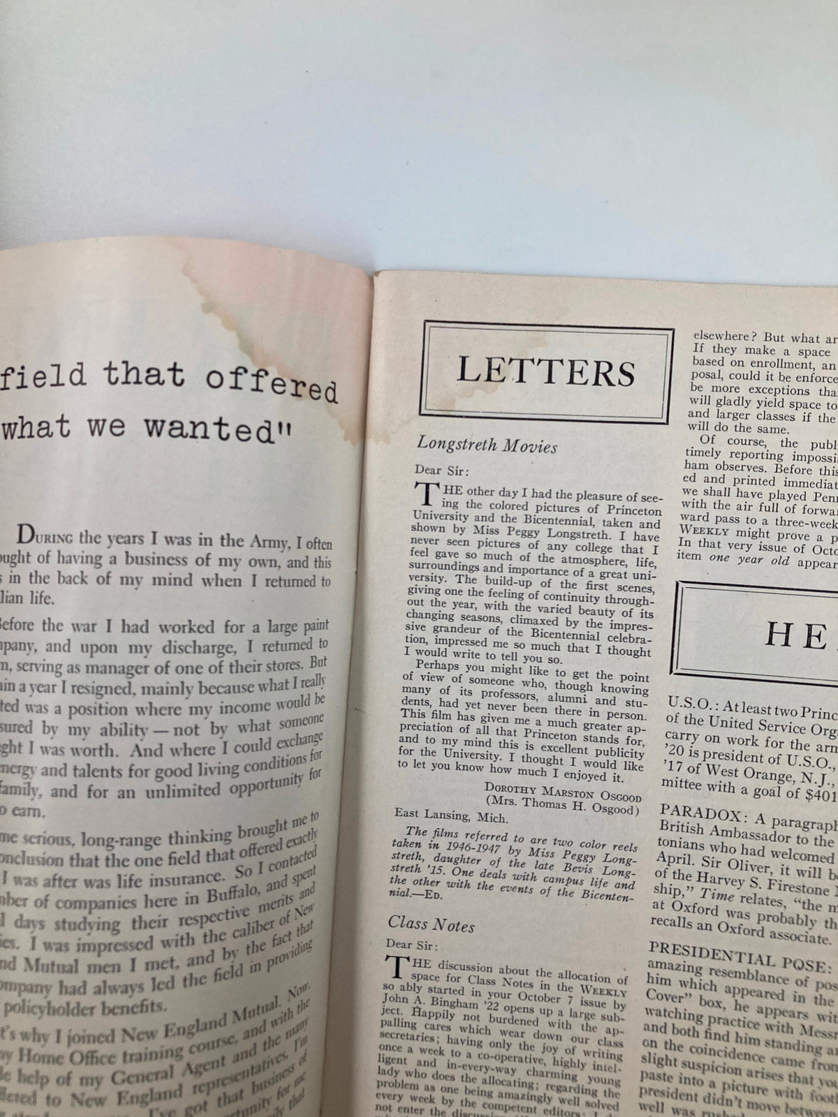 Second inside page of VTG Princeton Alumni Weekly dated October 21, 1949, showcasing the continuation of the 'Letters' section with text and news updates.