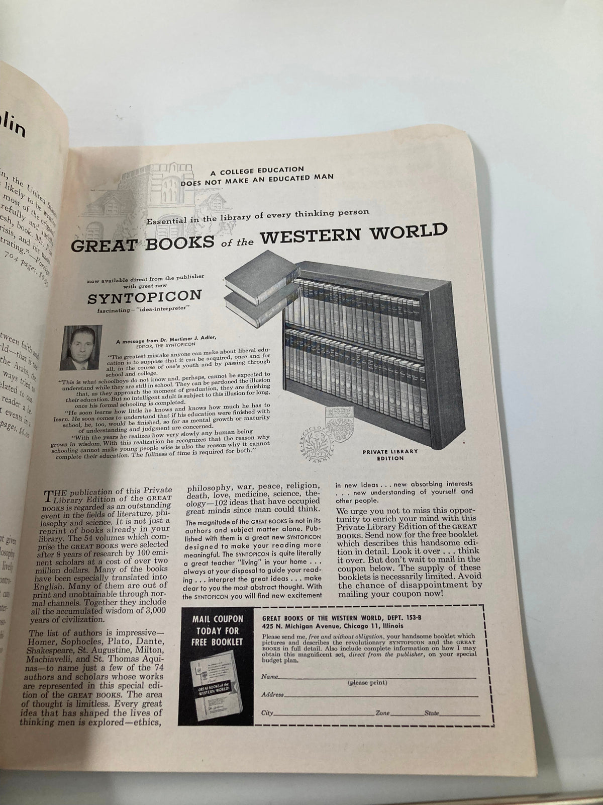 Interior page of VTG Princeton Alumni Weekly November 1 1957 displaying an advertisement for the Great Books of the Western World, emphasizing the importance of classic literature in education.