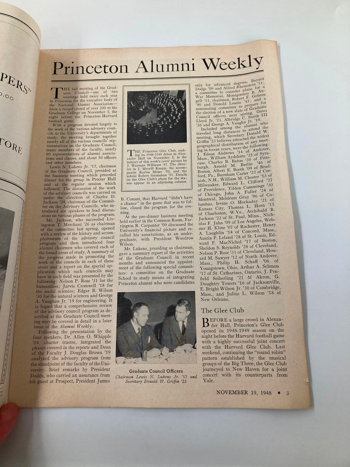 Interior page of the VTG Princeton Alumni Weekly, November 19, 1948, highlighting articles about The Princeton Glee Club and the university's alumni activities. The page includes photographs and text discussing the club's significance.
