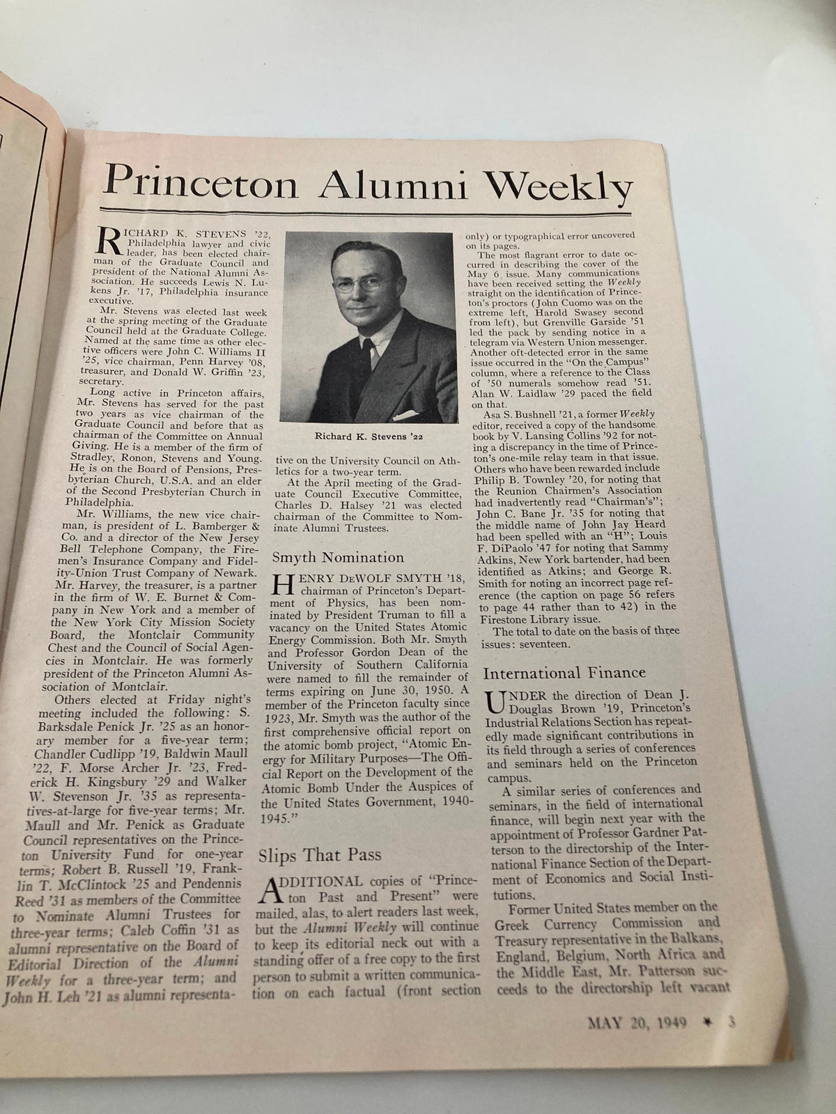 Interior page of VTG Princeton Alumni Weekly May 20 1949, featuring an article about Richard K. Stevens, a prominent Philadelphia lawyer.