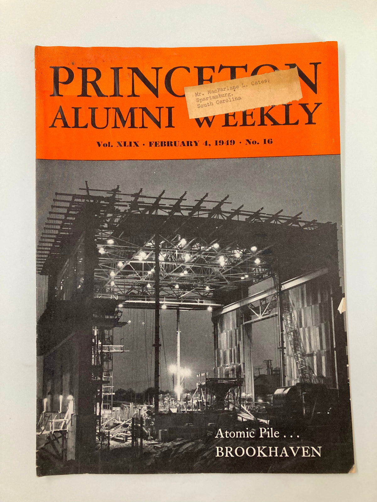 Cover of VTG Princeton Alumni Weekly, February 4, 1949, featuring an image related to the Atomic Pile in Brookhaven.