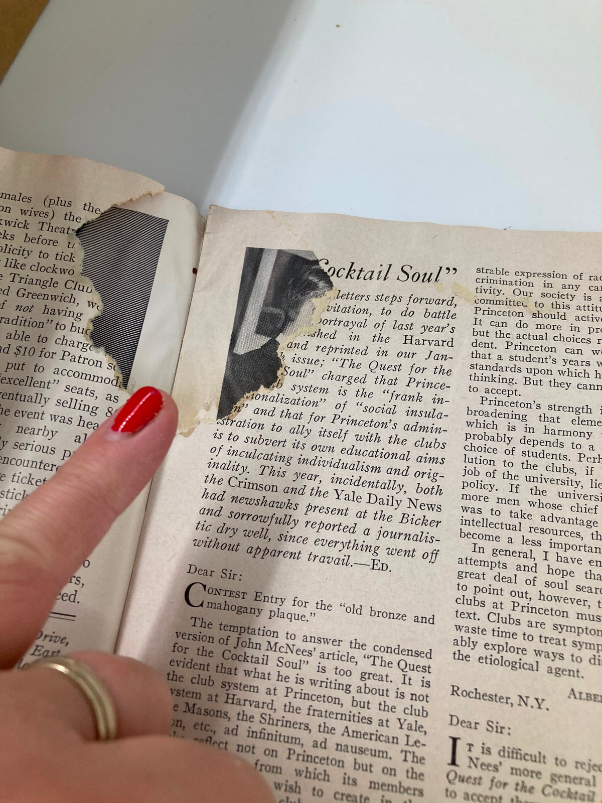 Inside page of the VTG Princeton Alumni Weekly, March 13, 1959, showing an article related to the Old Bronze and Mahogany Plaque with visible wear.