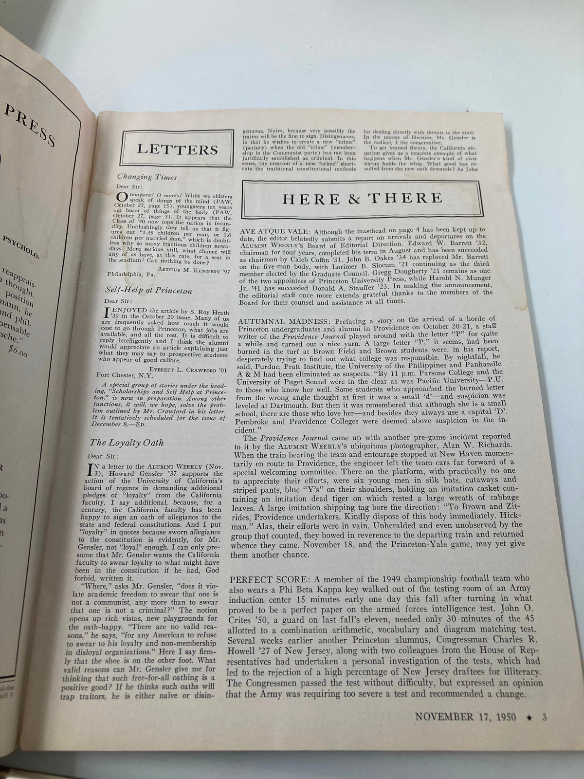 Interior page of the VTG Princeton Alumni Weekly from November 17, 1950, featuring letters and articles, part of The Good Beading Issue.