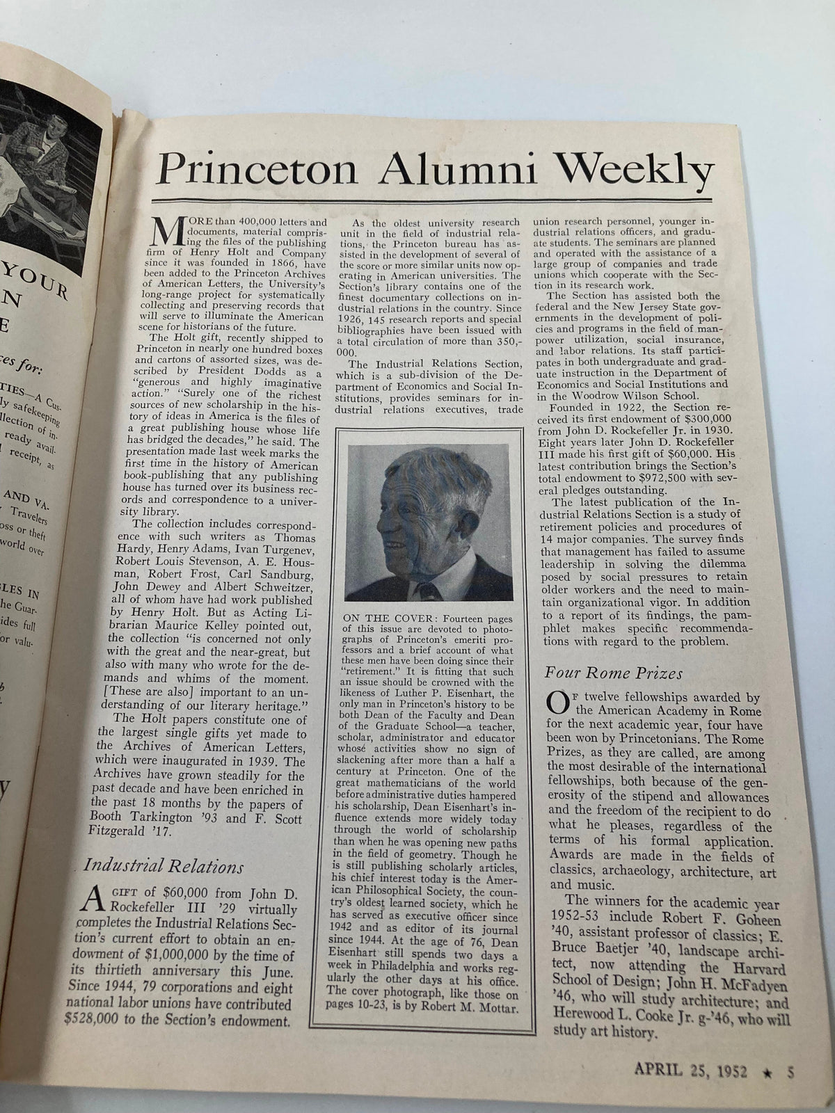 Page layout from the VTG Princeton Alumni Weekly, April 25, 1952, detailing Princeton's archival research and the history of American letters, emphasizing its documenting of academic legacy.