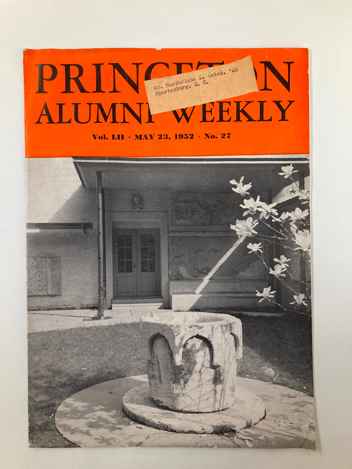 VTG Princeton Alumni Weekly May 23 1952 featuring the cover with a striking orange background and a black and white photograph of a courtyard, showcasing architectural details and a stone structure.