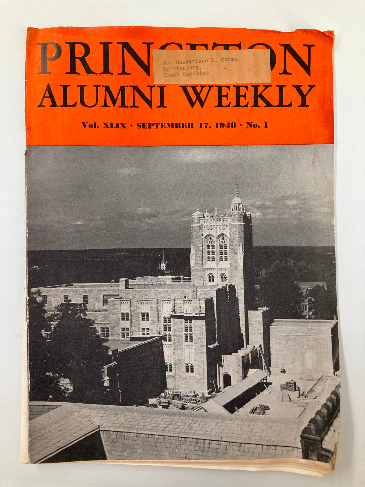 VTG Princeton Alumni Weekly September 17 1948 featuring a view of Firestone Memorial Library, showcasing the building's architecture and the surrounding campus area.